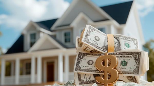 A stack of cash and a dollar sign in front of a lovely home.