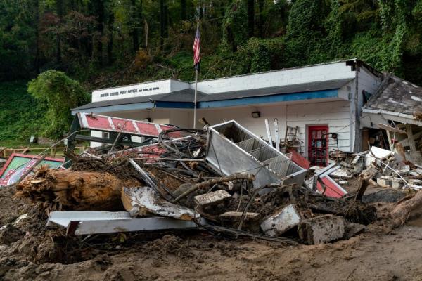 The Bat Cave post office sits destroyed in the aftermath of hurricane helene inside of Bat Cave, North Carolina. Friday, October 4, 2024.