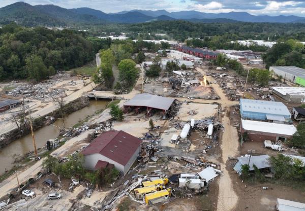 Aerial view of flood damage along the Swannanoa River in Asheville, North Carolina caused by Hurricane Helene