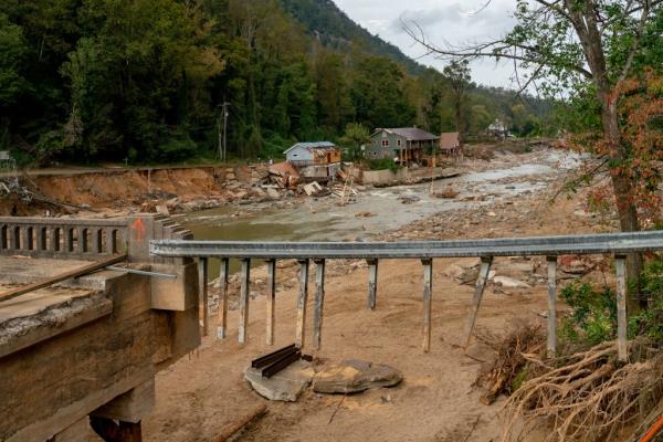 A bridge is partly destroyed in Bat Cave, North Carolina. 