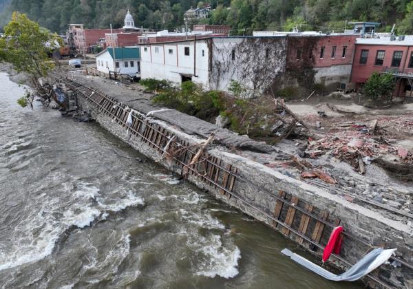 Aerial view of flood damage along the French Broad River in Marshall, North Carolina, caused by Hurricane Helene