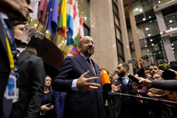 European Council President Charles Michel makes a statment to the media regarding opening accession negotiations with Ukraine and Moldova during an EU summit in Brussels