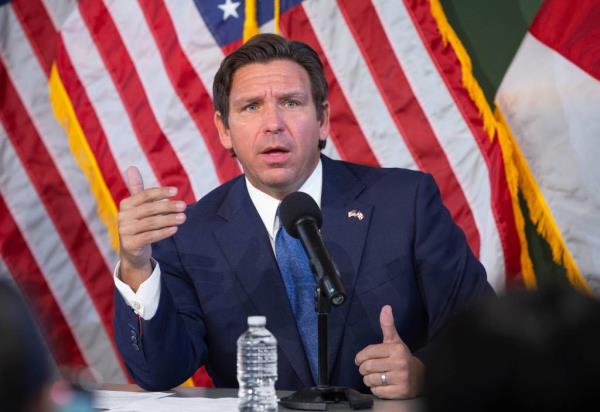 Gov. Ron DeSantis campaigns against Amendment 3 during a press co<em></em>nference at the Escambia County Sheriff's Office in Pensacola on Friday, Oct. 25, 2024.