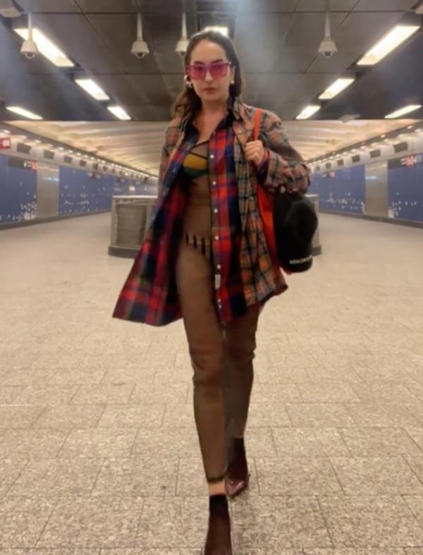 Kristina Avakyan, a bartender from the Lower East Side, posing in her viral fashions on a subway platform.
