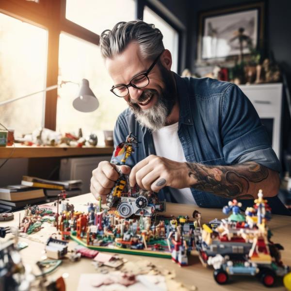 Happy adult man assembling a toy at a table
