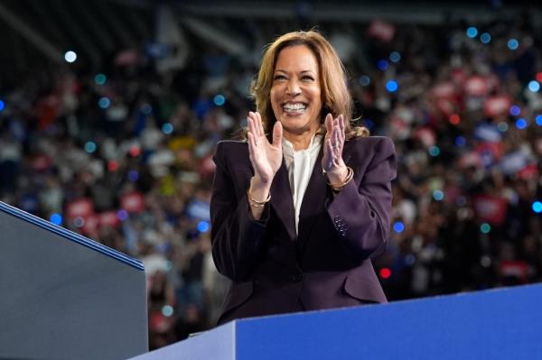 Vice President Kamala Harris on stage before speaking at a rally in Houston, Friday, Oct. 25, 2024.