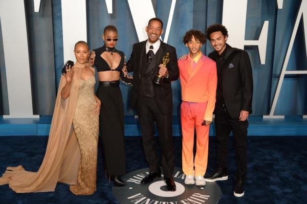 Will Smith with his sons Trey Smith and Jaden Smith, daughter Willow Smith and wife Jada Pinkett Smith in 2022. 