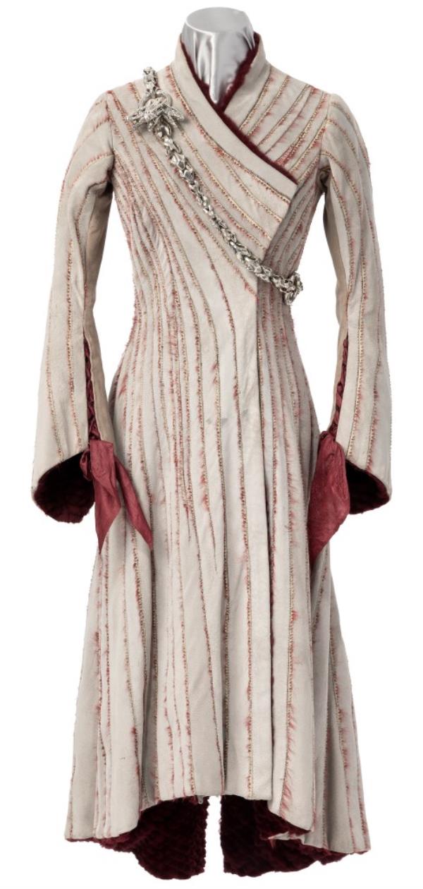 A photo of Daenerys Targaryen's gray suede King's Landing ensemble