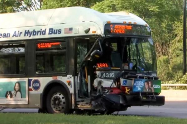 The front end of the 6-bus was crumpled in the collision, which sent the bus driver and 12 passengers to the hospital