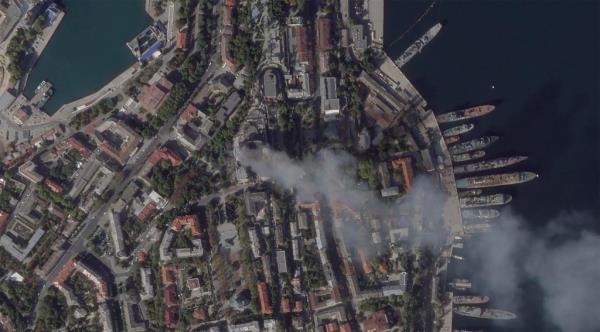 This satellite photo provide by Planet Labs PBC on Friday, Sept. 22, 2023 shows damage to a headquarters building for the Russian Black Sea fleet in Sevastopol, Crimea.