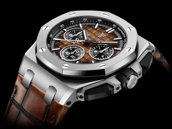 Audemars Piguet Royal Oak Offshore Selfwinding Chro<em></em>nograph stainless steel watch with a brown color scheme, priced at $41,600.