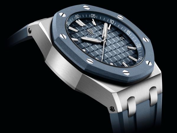 Audemars Piguet Royal Oak Offshore Selfwinding watch in stainless steel with blue details, priced at $27,400 at Lo<em></em>ndon Jewelers