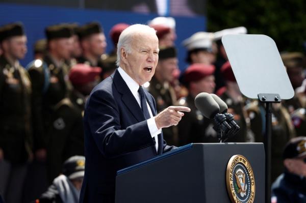 President Joe Biden attends a ceremony to mark the 80th anniversary of D-Day at the Normandy American Cemetery and Memorial in Colleville-sur-Mer, France, June 6, 2024. 