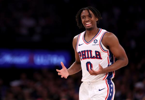 Tyrese Maxey #0 of the Philadelphia 76ers reacts in the fourth quarter against the New York Knicks at Madison Square Garden on April 30, 2024 in New York City. The Philadelphia 76ers defeated the New York Knicks 112-106 in overtime.