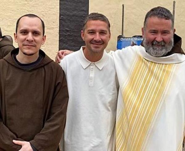 Brother Alex Rodriguez stands with Shia LaBeouf and another friar, after the actor made his ////con<em></em>firm/i/i/i/iation.