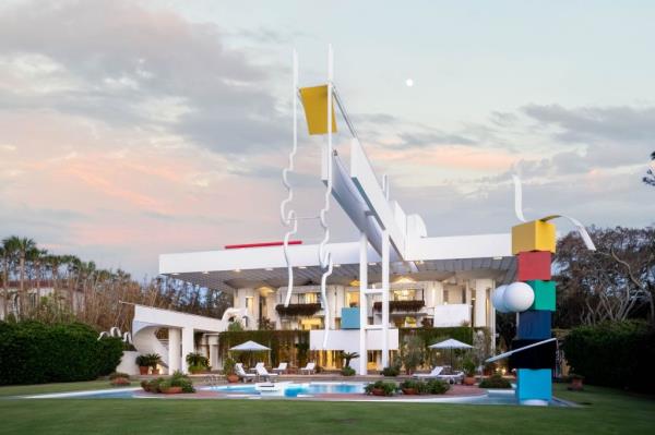 An evening view of the exterior.