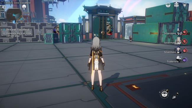 A shot showing Stelle, the female Trailblazer in Honkai: Star Rail, standing in front of a Victory Marking trial (from afar).