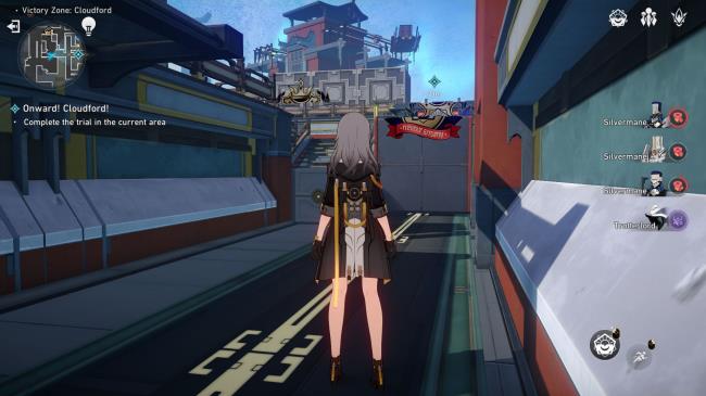 A shot showing Stelle, the female Trailblazer in Honkai: Star Rail, standing in front of a Victory Marking trial that is split in three parts and placed over co<em></em>ntainers at different levels.