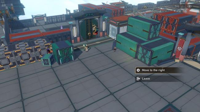A shot showing Stelle, the female Trailblazer in Honkai: Star Rail, using a co<em></em>ntroller to move a line of co<em></em>ntainers to complete a Victory Marking challenge.