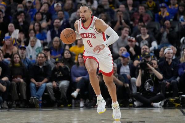 Houston Rockets forward Dillon Brooks (9) brings the ball up the court against the Golden State Warriors during the second half of an NBA basketball game in San Francisco, Monday, Nov. 20, 2023.