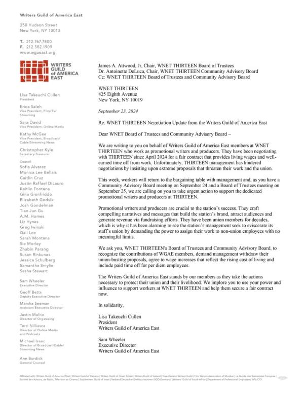 The Writers Guild of America East sent a letter to management on Monday.