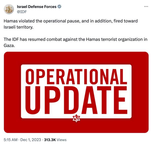 Israel claims Hamas violated ceasfire as the truce agreement expires on Dec. 1, 2023.