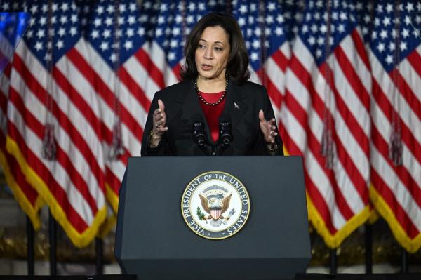 US Vice President Kamala Harris speaks during the US Natio<em></em>nal Space Council meeting in the Andrew W. Mellon Auditorium in Washington, DC, on December 20, 2023.