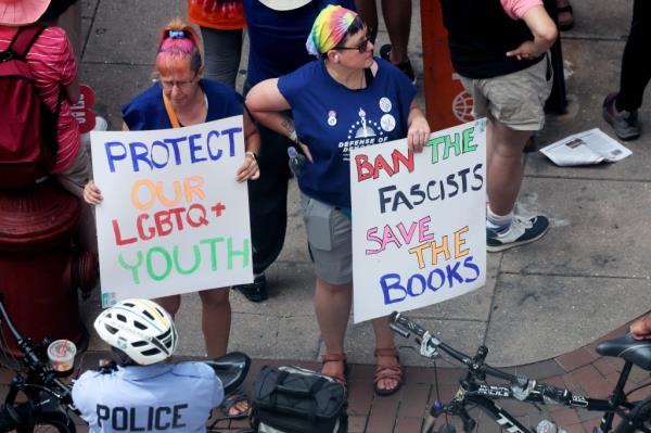 Demo<em></em>nstrators protest the Moms for Liberty Joyful Warriors natio<em></em>nal summit outside the Philadelphia Marriott Downtown on June 30, 2023 in Philadelphia, Pennsylvania. 