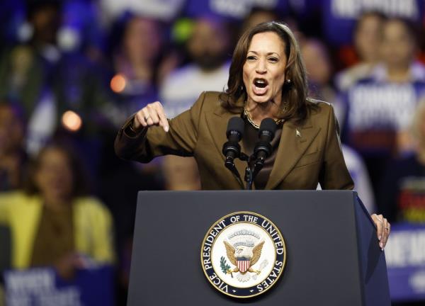 Democratic presidential candidate Kamala Harris speaks during a campaign rally in Las Vegas, Nevada on Sept. 29, 2024.