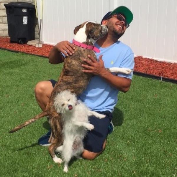 Kaley Cuoco holding her dog Shirley, that was rehomed due to disagreements with another dog