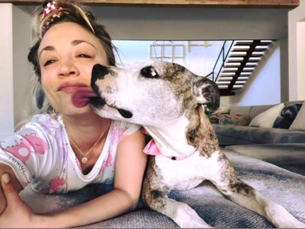 Actress Kaley Cuoco lovingly interacting with her dog Shirley, who has since been rehomed and passed away from bone cancer