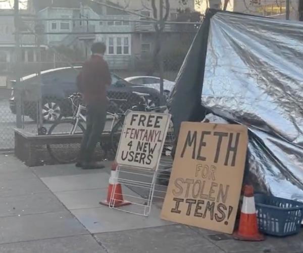 The signs are displayed outside a tent.