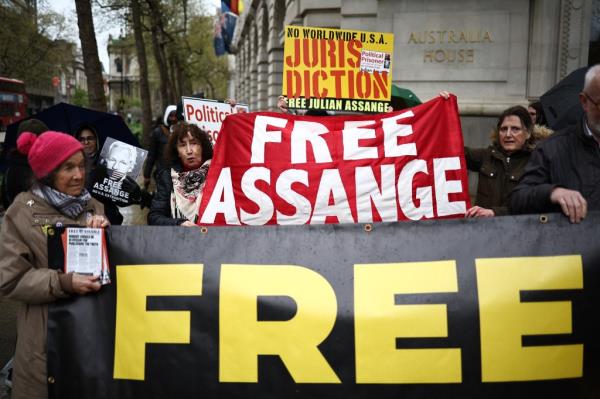 Assange supporters at a rally in Lo<em></em>ndon on April 10, 2024.