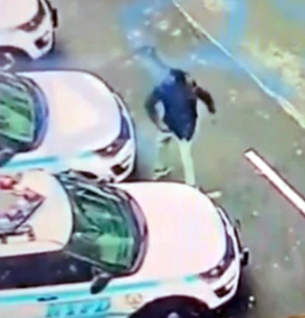 A video screengrab photo of the vandal in action