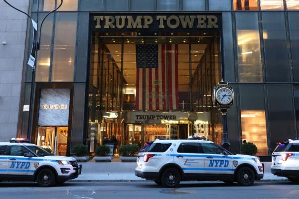 Trump Tower in New York City on March 25, 2024, with police cars parked in front