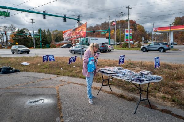 Angela Adams, 58, shopping for Do<em></em>nald Trump presidential attire in Traverse City, Michigan in preparation for a close November Election