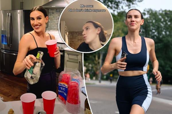 (Left) Grace Adams, 25, living on the Upper East Side, pouring drinks in her Gramercy Park apartment in 2022. (Right) Adams running in the park, training for the 2023 New York City marathon. (Inset) A screenshot of Adams' sobriety TikTok post. 