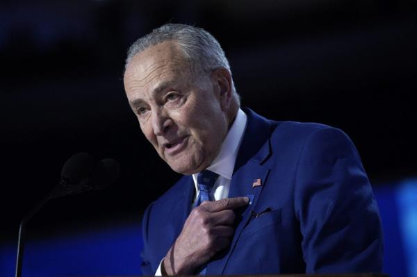 Senate Majority Leader Chuck Schumer (D-NY) speaks during the second day of the Democratic Natio<em></em>nal Co<em></em>nvention (DNC) at the United Center in Chicago, Illinois on August 20, 2024.