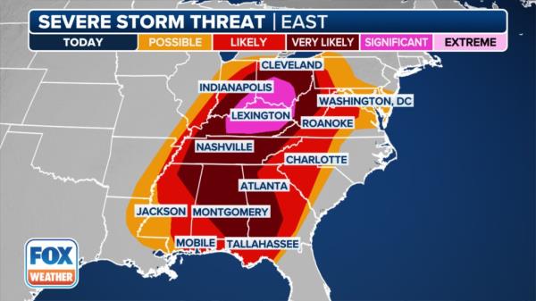 A broader severe weather risk extends into portions of the Southeast, wher<em></em>e strong tornadoes are a threat from Tuesday evening into Tuesday night across parts of Alabama and Georgia.