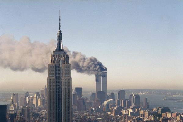 World Trade Center burning on 9/11/01