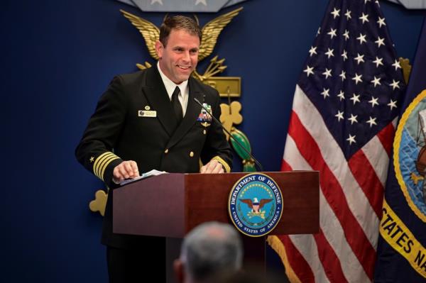 Capt. Bradley D. Geary in military uniform speaking at the Vice Adm. James B. Stockdale Leadership Award ceremony at the Pentagon
