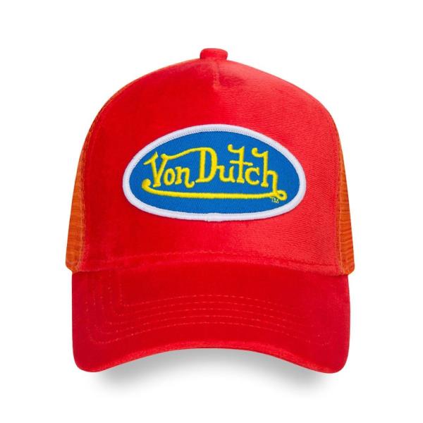 A red Von Dutch trucker hat with a blue and yellow logo