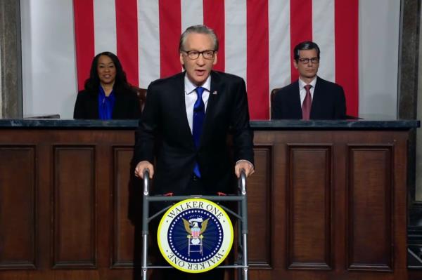 Bill Maher standing behind a walker, in a humor sketch</p>

<p>　　