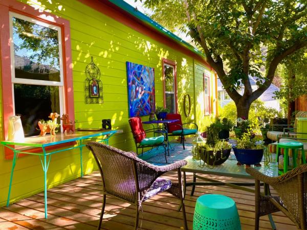 A private outdoor area accented with bold tones.