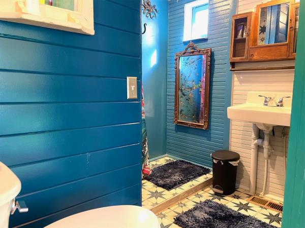 A blue bathroom.