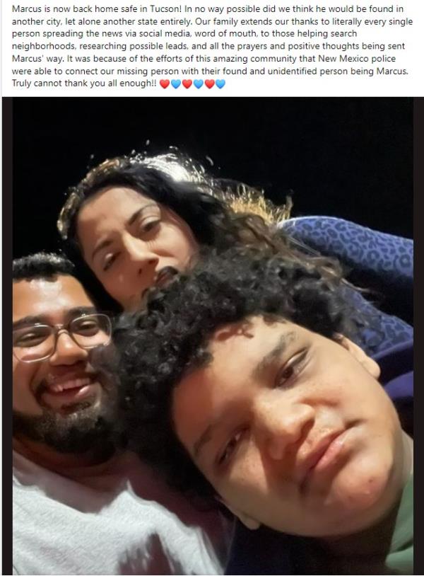 A Facebook post from New Mexico State Police puts out a statement announcing that Mikel Desmond was found at the Walmart in Deming. 