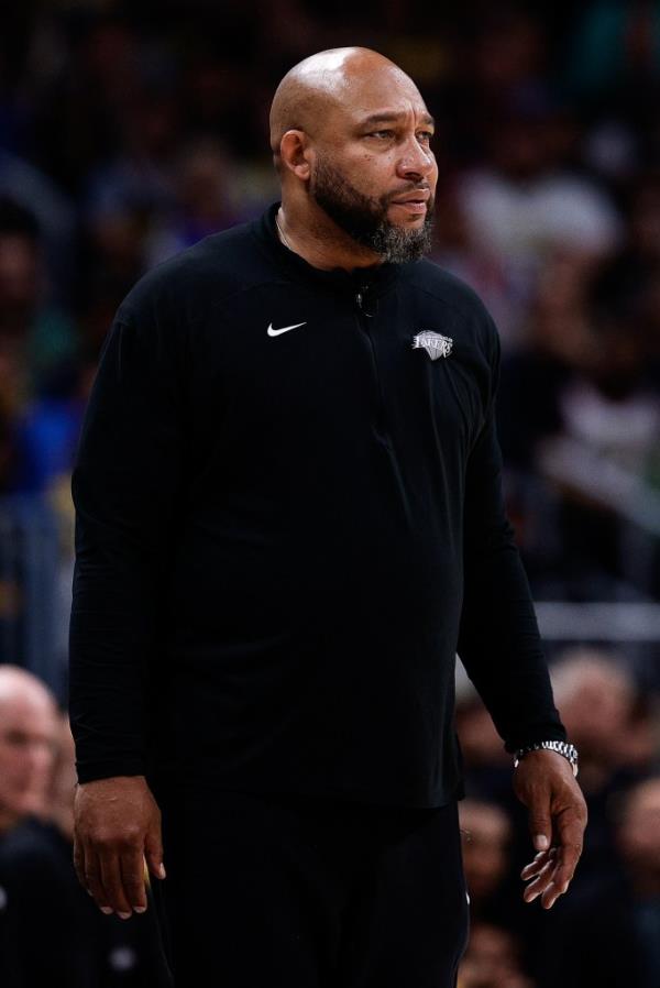 Los Angeles Lakers head coach Darvin Ham in the first quarter against the Denver Nuggets during Game 5 of the first round of the 2024 NBA playoffs at Ball Arena on April 29, 2024.  