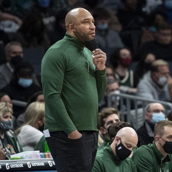 Milwaukee Bucks acting coach Darvin Ham watches during the first half of the team's game against the Charlotte Hornets on Jan. 8, 2022, in Charlotte, N.C.  