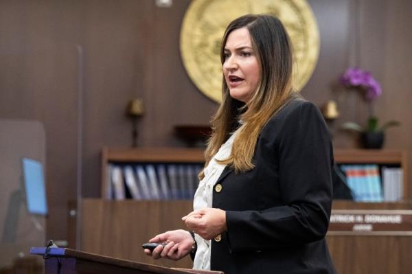 Senior Deputy District Attorney Jennifer Walker gives her opening statement in Orange County Superior Court in Santa Ana, CA on Tuesday, November 28, 2023. Eric Scott Sills is on trial for the death of his wife, Susann Sills