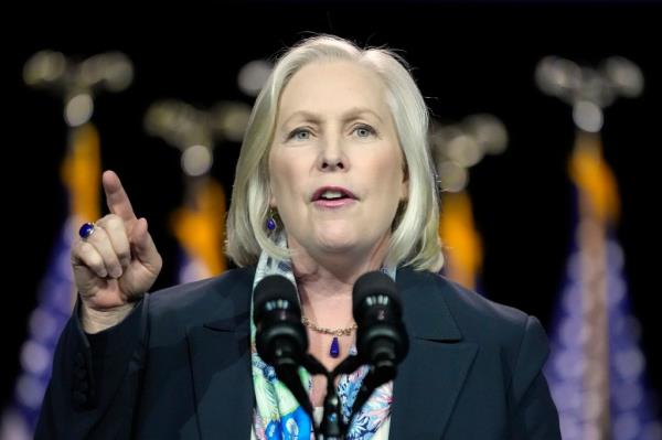 Sen. Kirsten Gillibrand, D-N.Y., addresses the audience before President Joe Biden speaks on the debt limit during an event at SUNY Westchester Community College, Wednesday, May 10, 2023, in Valhalla, N.Y.